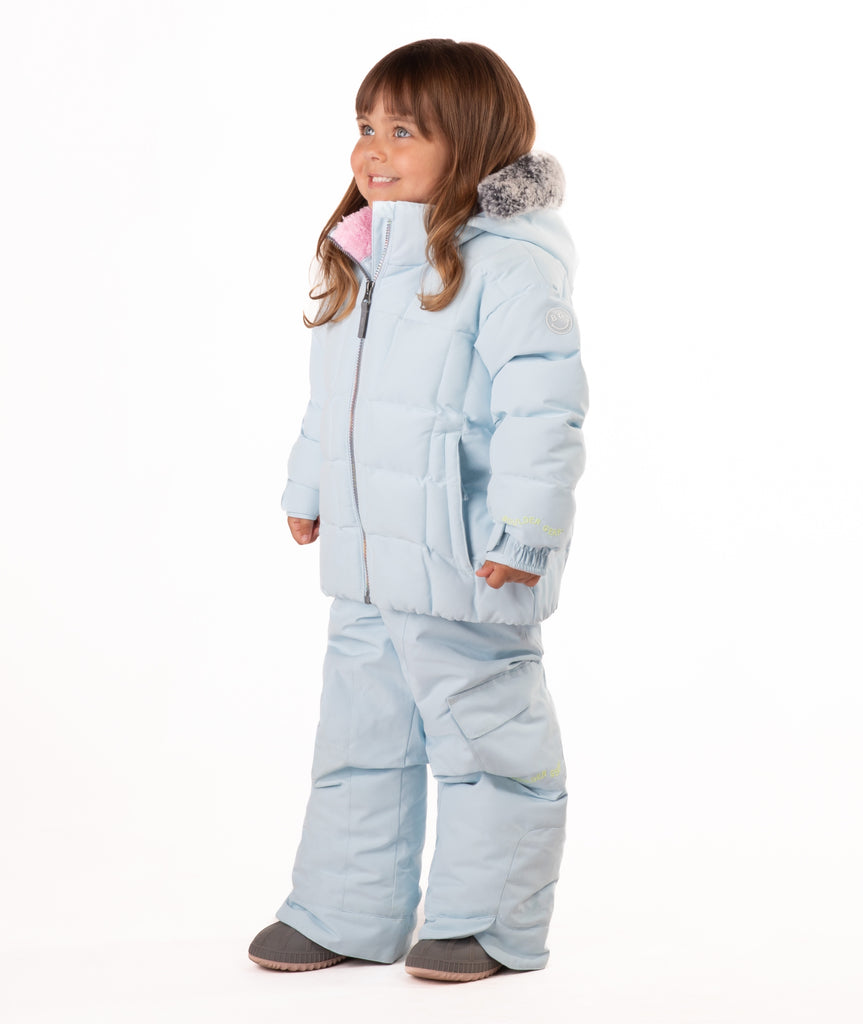 Child wearing a light blue jacket with a hood on a white background