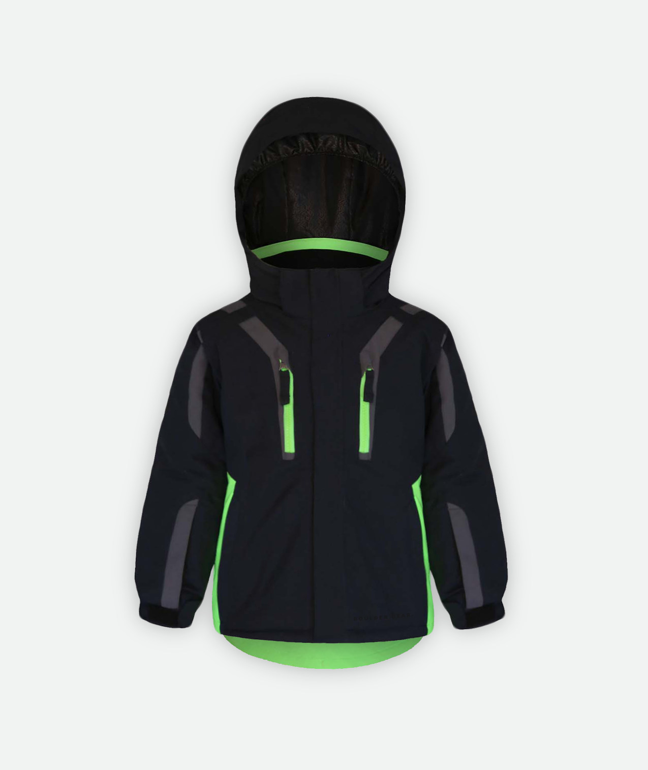 A kid's winter jacket in black with green and gray highlights and a hood on a white background