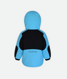 back of a kid's  jacket in blue color with black accents, featuring a hood on a white background