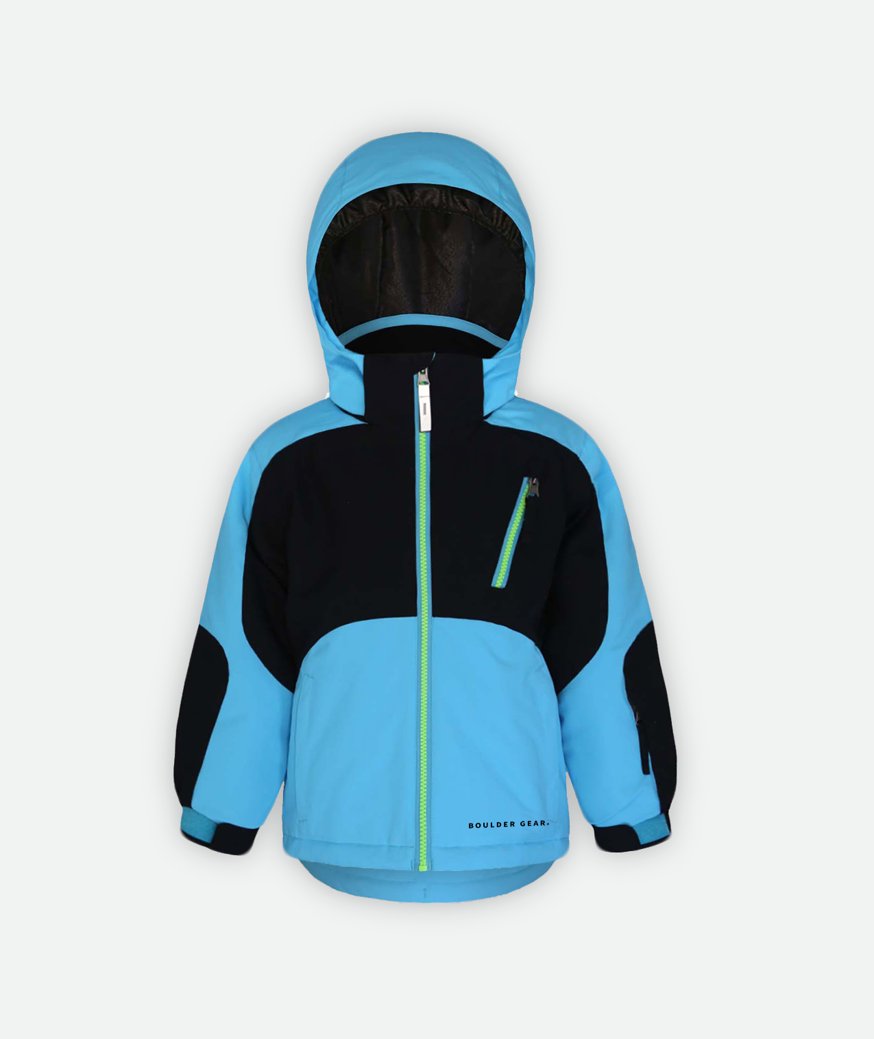 A kid's  jacket in blue color with black accents, featuring a hood and lime green zippers on a white background