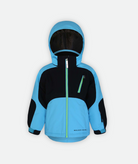 A kid's  jacket in blue color with black accents, featuring a hood and lime green zippers on a white background