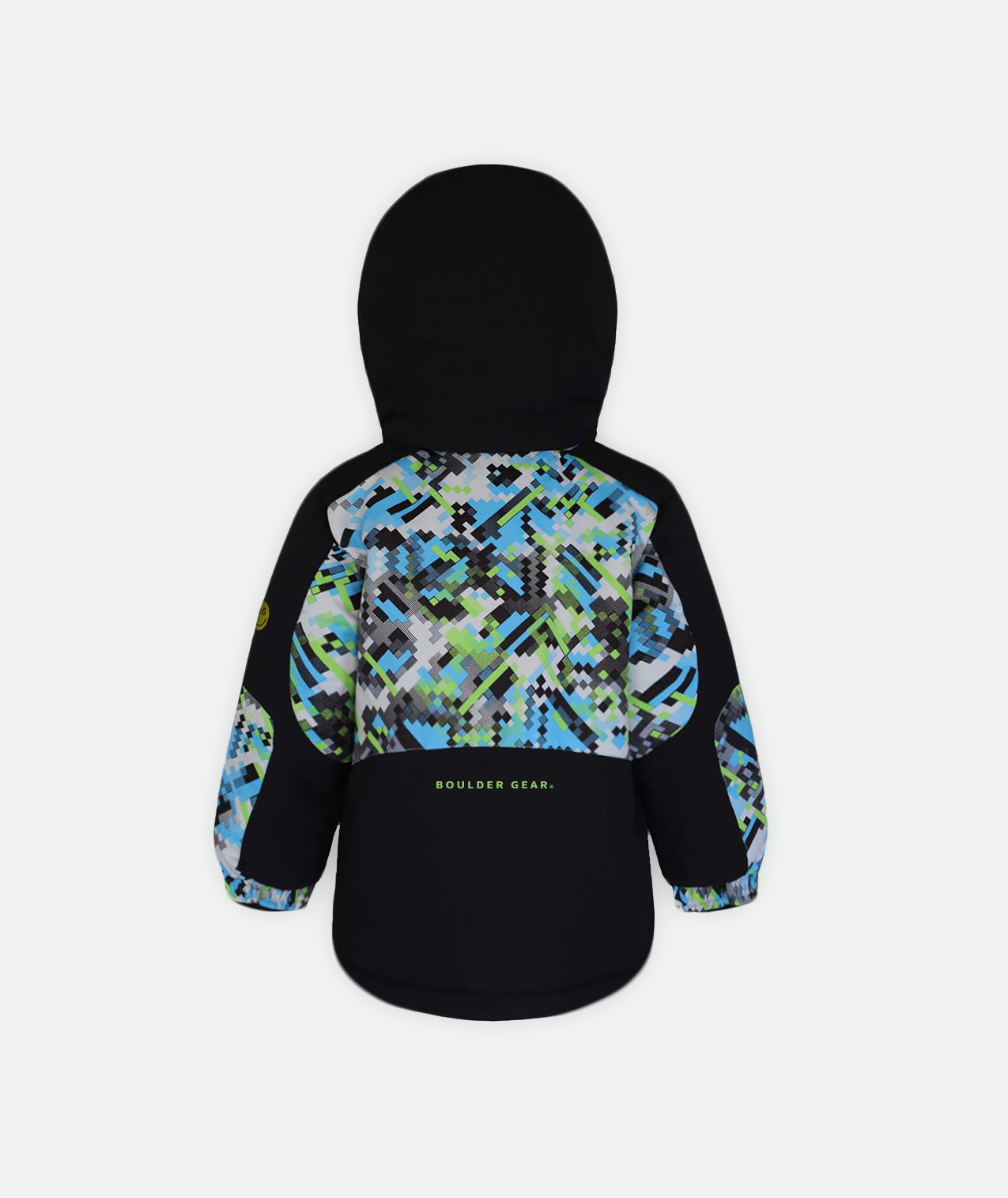 back of a kid's print jacket featuring a digital camouflage pattern in blue and green with black detailing, with a hood on a white background