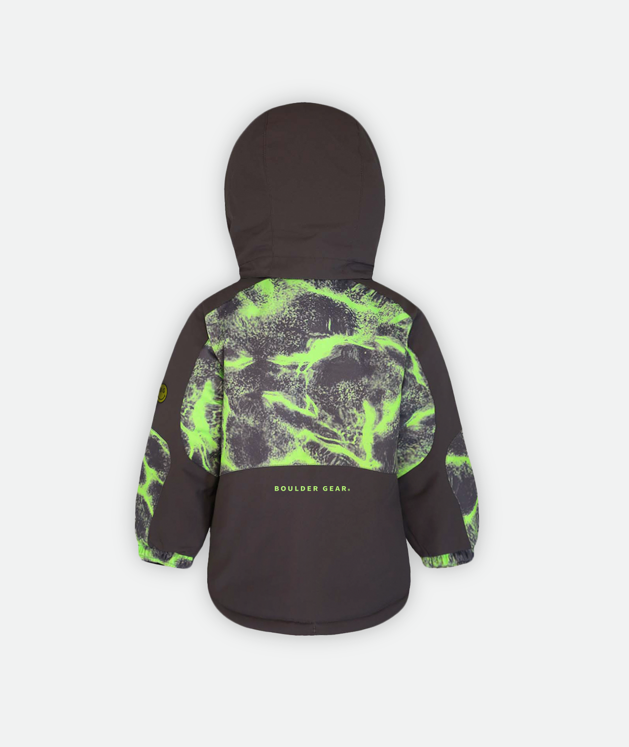 back of a kids jacket with lime green and gray abstract print with gray detailing and hood on a white background