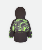 back of a kids jacket with lime green and gray abstract print with gray detailing and hood on a white background