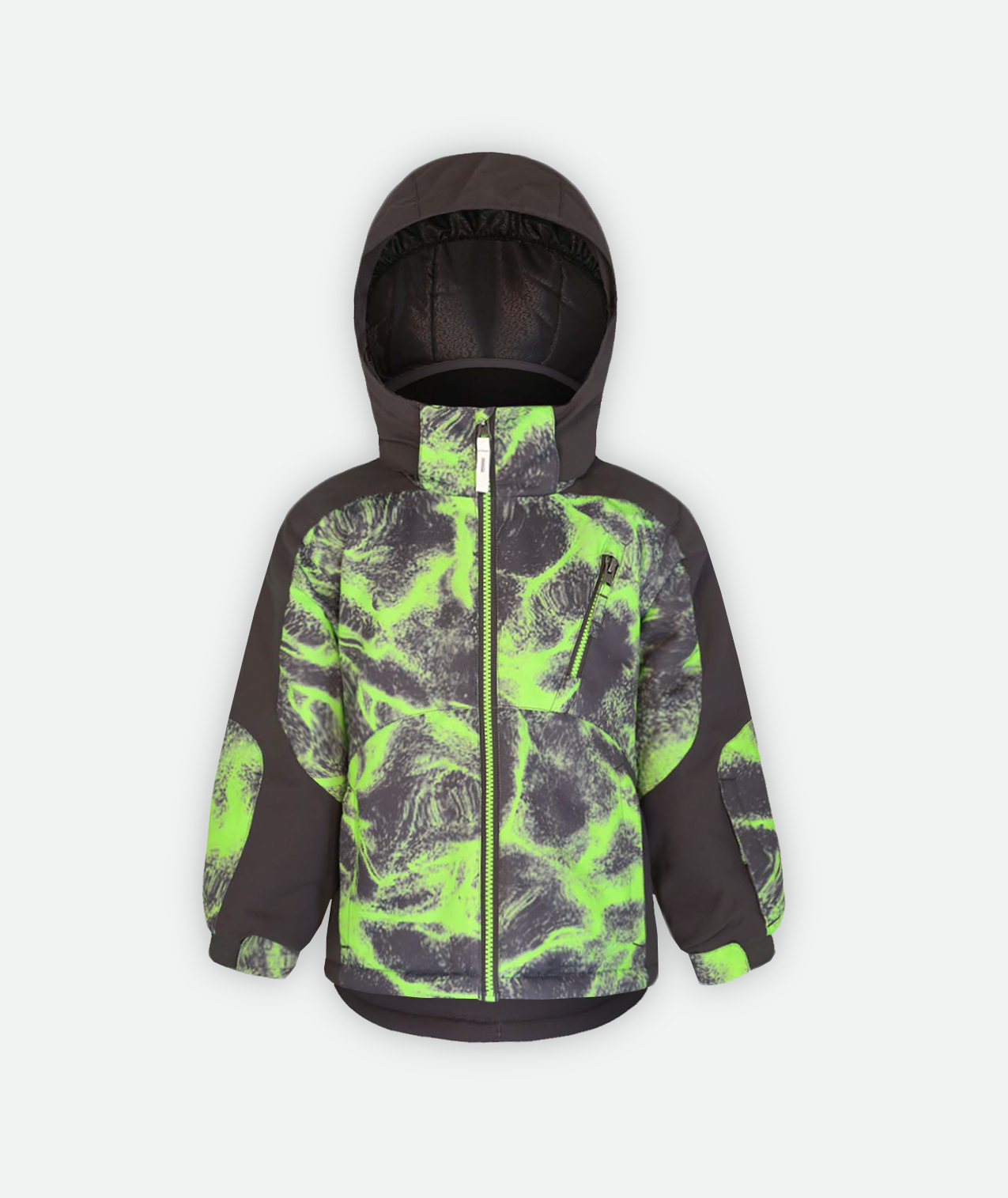kids jacket with lime green and gray abstract print with gray detailing and hood on a white background