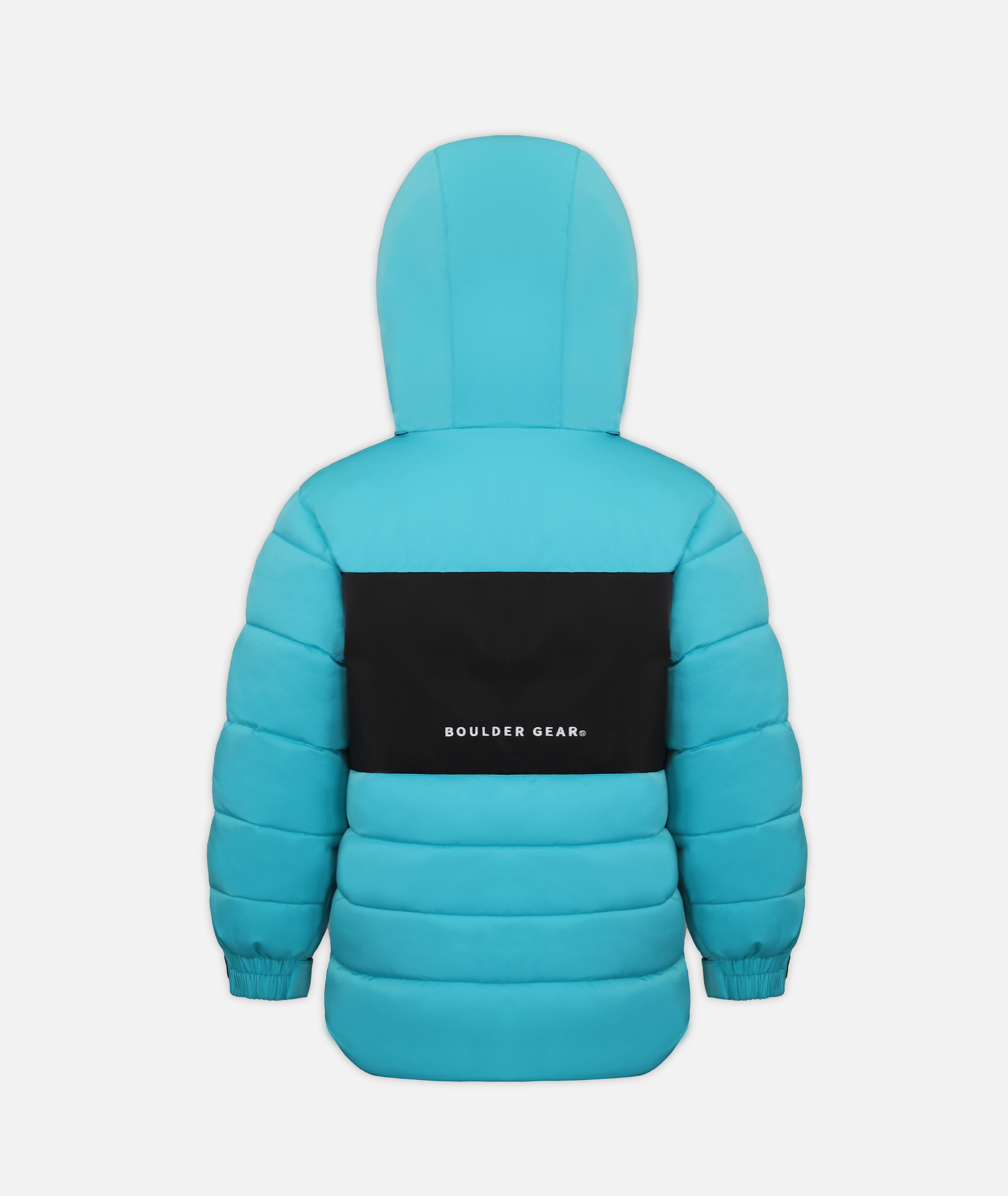 back of A bright blue kids' winter jacket with a hood and black accents on a white background