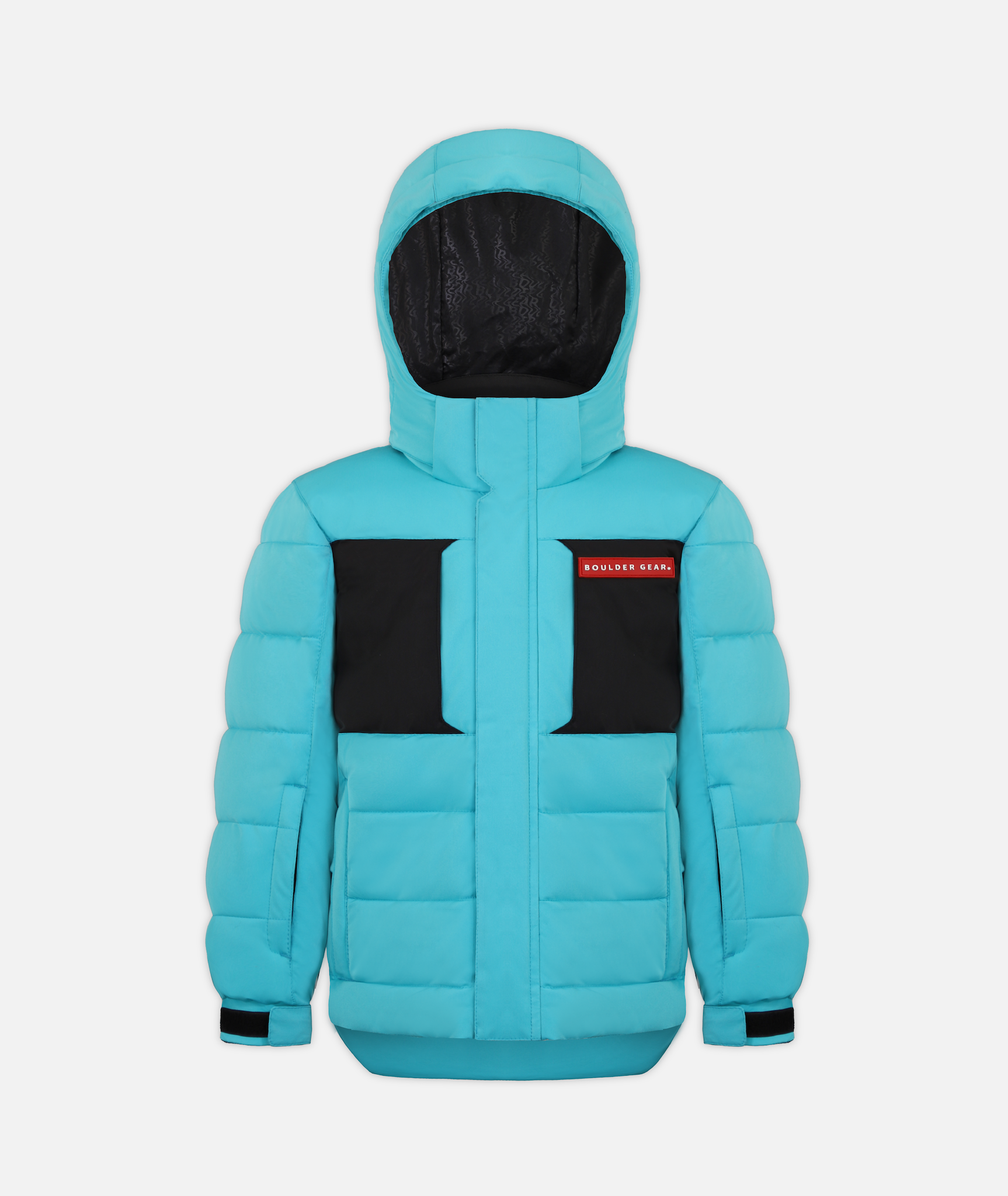 A bright blue kids' winter jacket with a hood and black accents on a white background