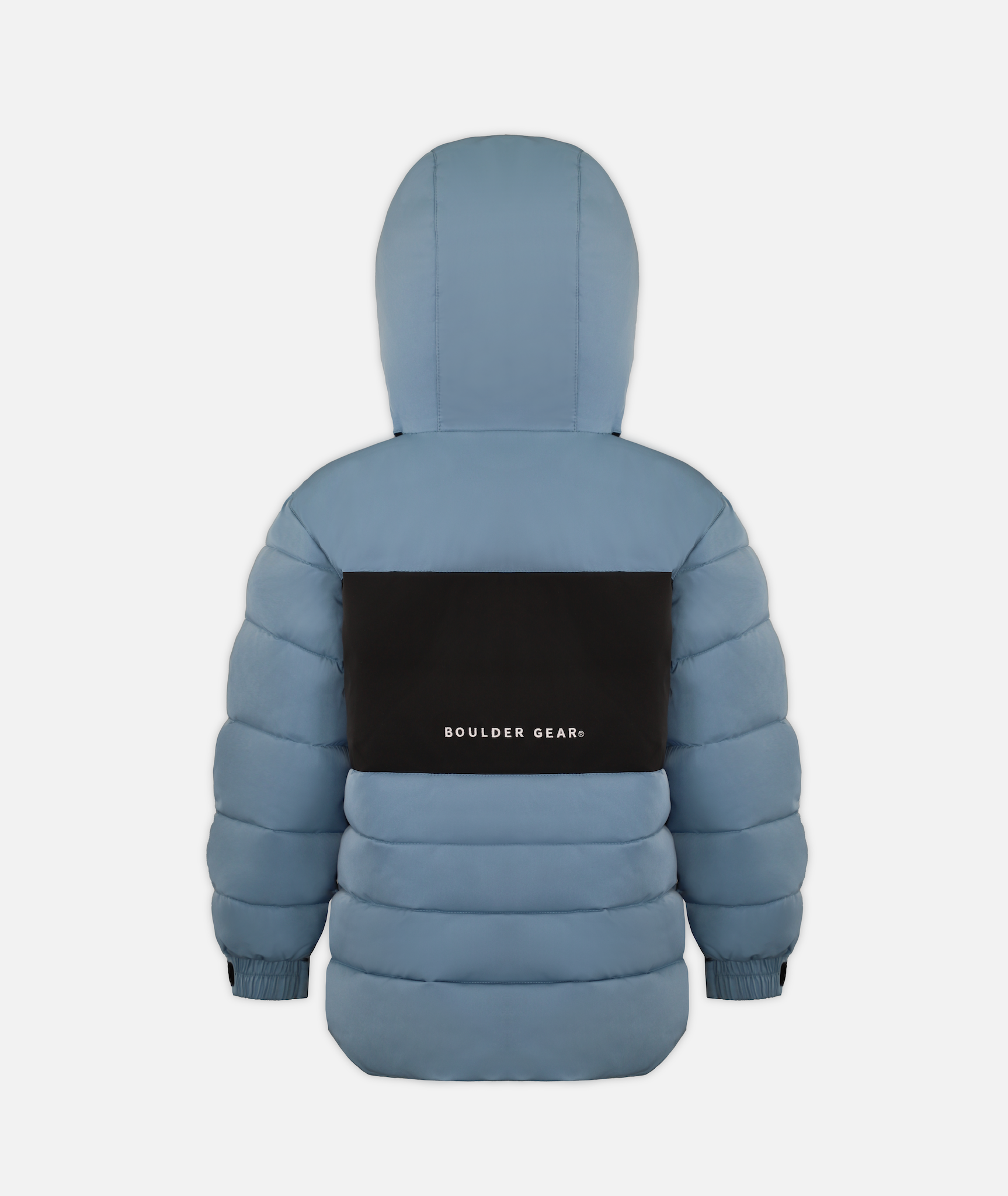 back of A dusty blue kids' winter jacket with a hood and black accents on a white background