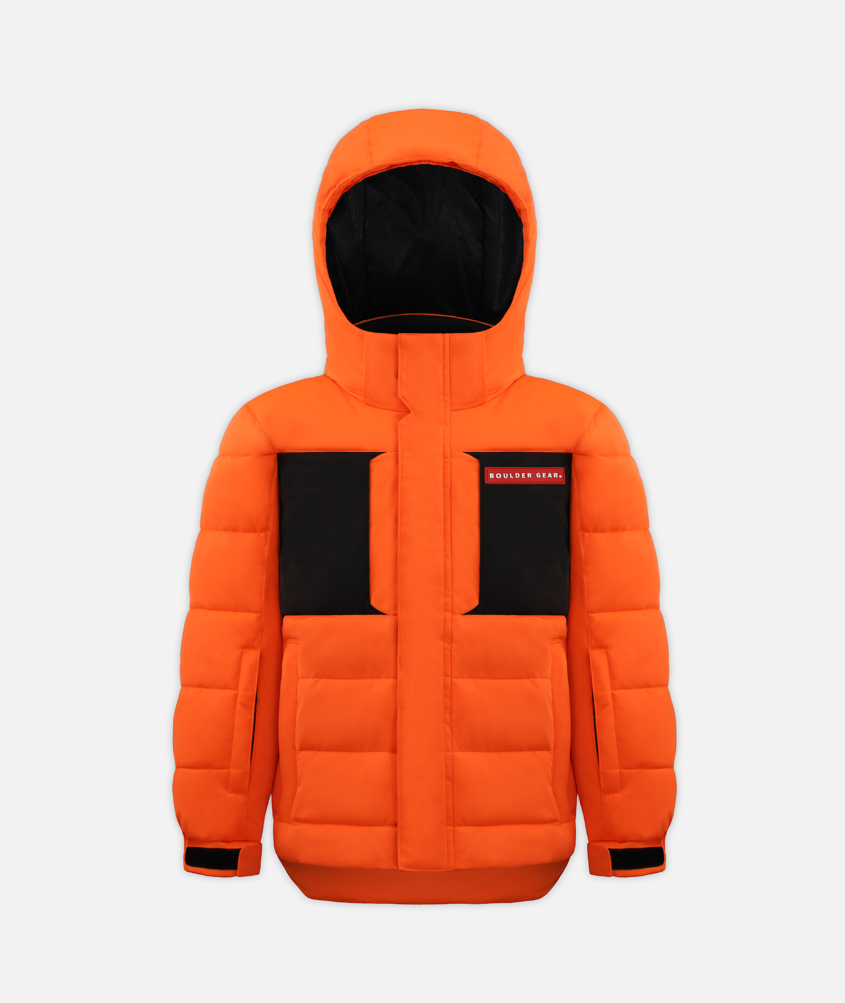 A bright orange kids' winter jacket with a hood and black accents on a white background
