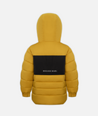 back of A gold colored kids' winter jacket with a hood and black accents on a white background