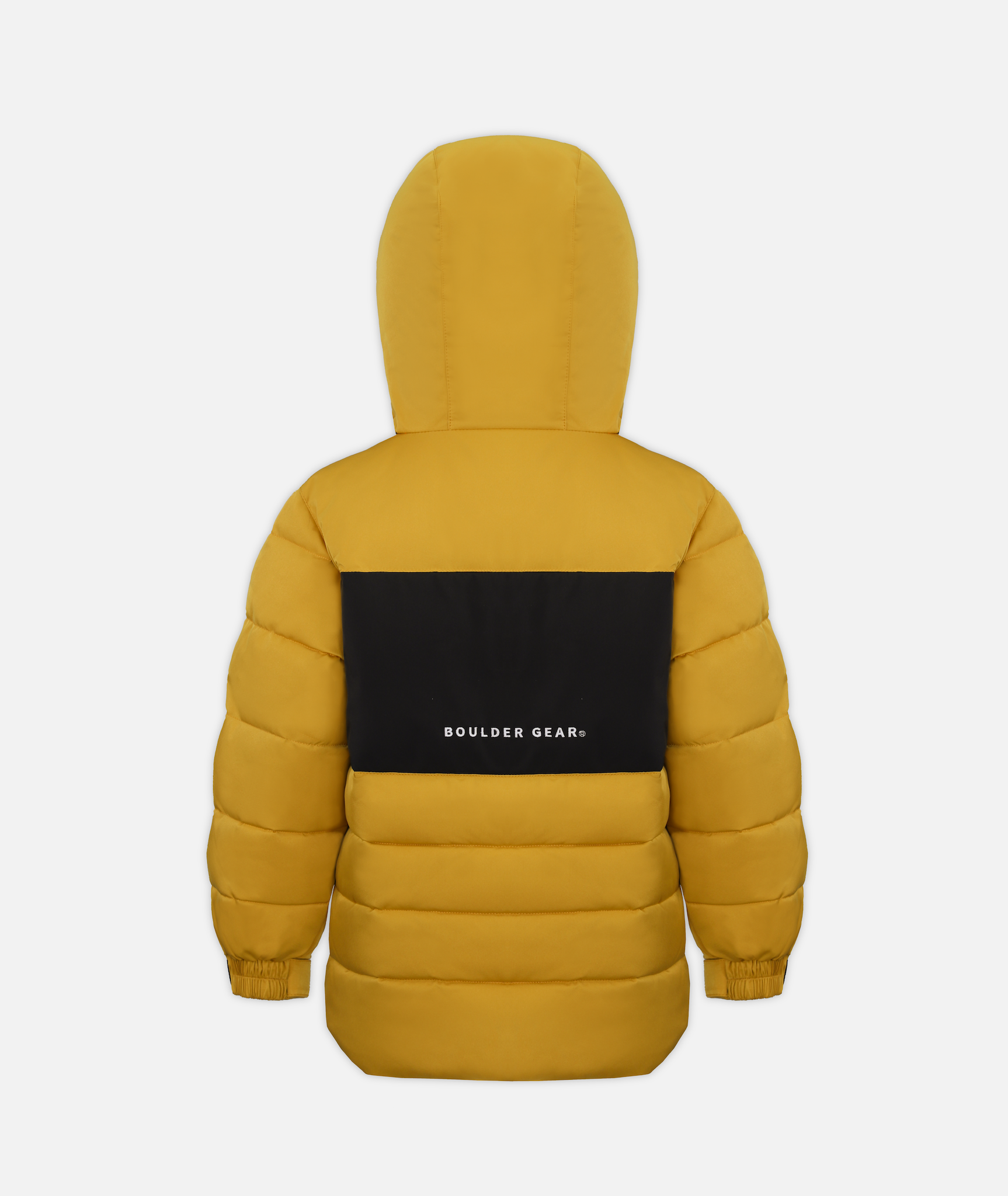 back of A gold colored kids' winter jacket with a hood and black accents on a white background