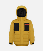 A gold colored kids' winter jacket with a hood and black accents on a white background