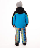 Child wearing an black and blue insulated winter jacket with bright lime trim highlighting the back view of the jacket with a visible Boulder Gear brand logo