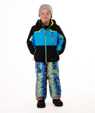 Child wearing an black and blue insulated winter jacket with bright lime trim and a bright lime center front zipper