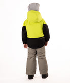 Child wearing a two-tone jacket with black  on the bottom half and bright lime yellow top half on a white background highlighting a visible Boulder Gear brand logo on the back of the jacket