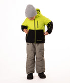 Child wearing a two-tone jacket with black  on the bottom half and bright lime yellow top half on a white background