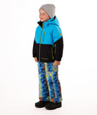 Child wearing a two-tone jacket with blue on the top and black on the bottom of the jacket