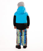 Child wearing a two-tone jacket with blue on the top and black on the bottom of the jacket on white background