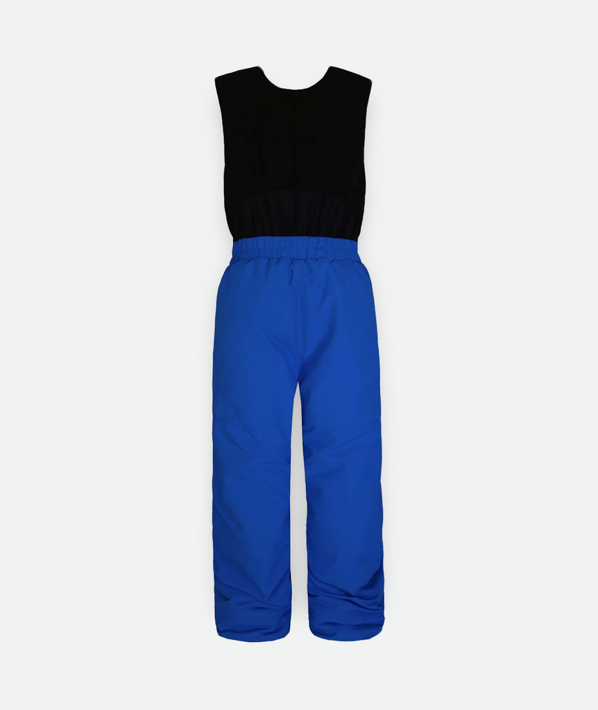 back of  a pair of kids sized blue snow bibs on a white background