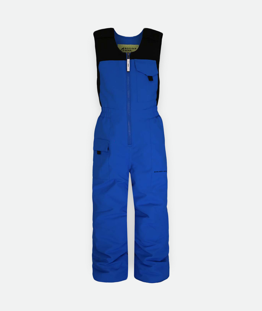  a pair of kids sized blue snow bibs on a white background