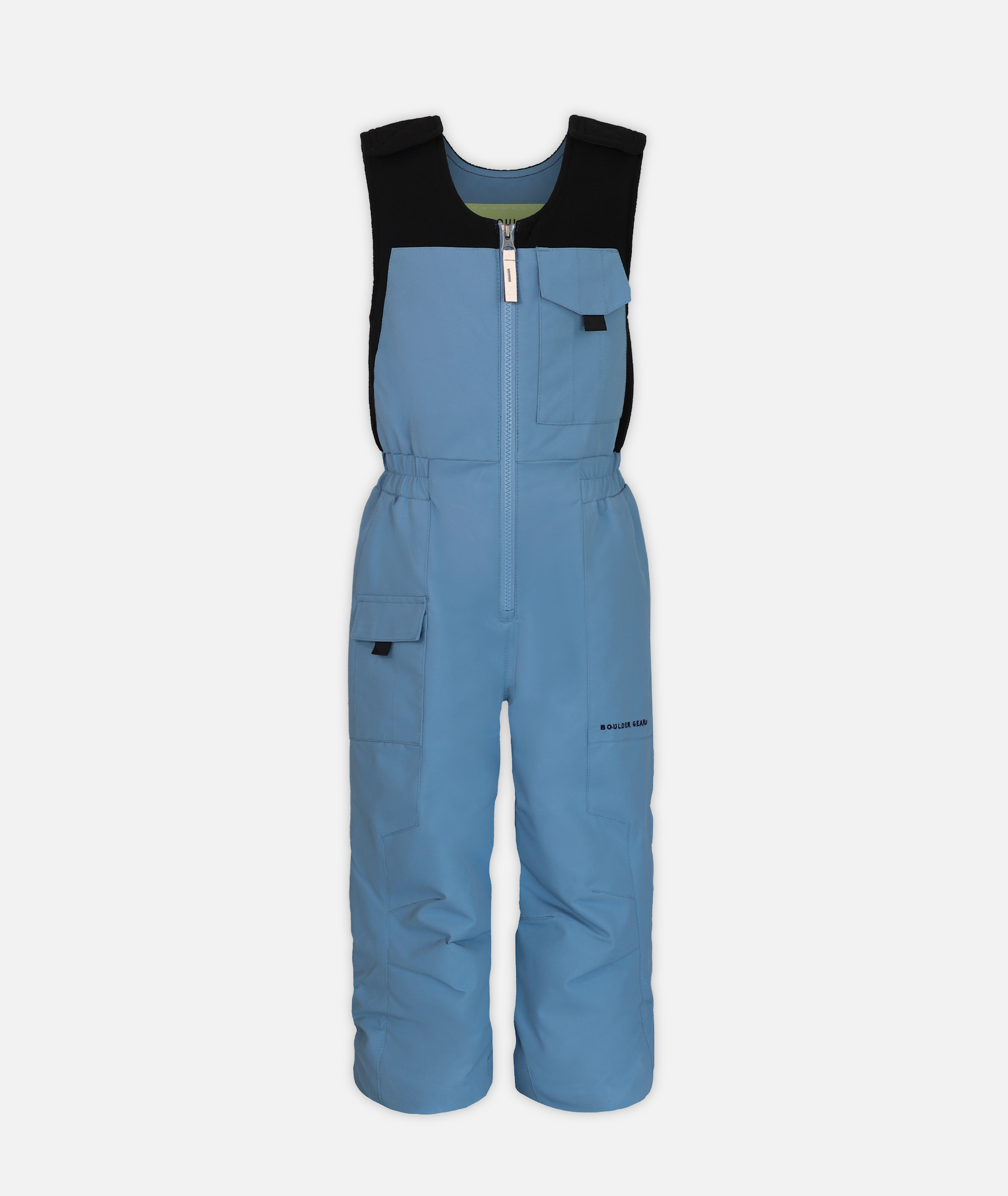  a pair of kids sized blue snow bibs on a white background