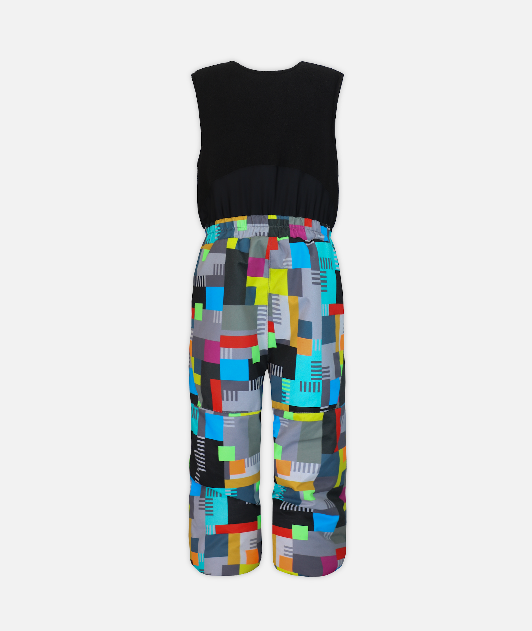 back of a pair of kids sized multi colored geometric patterned snow bibs on a white background