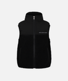 Kids' fleece vest with black and black colors, logo on chest on a white background