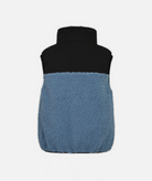 back of Kids' fleece vest with blue and black colors on a white background