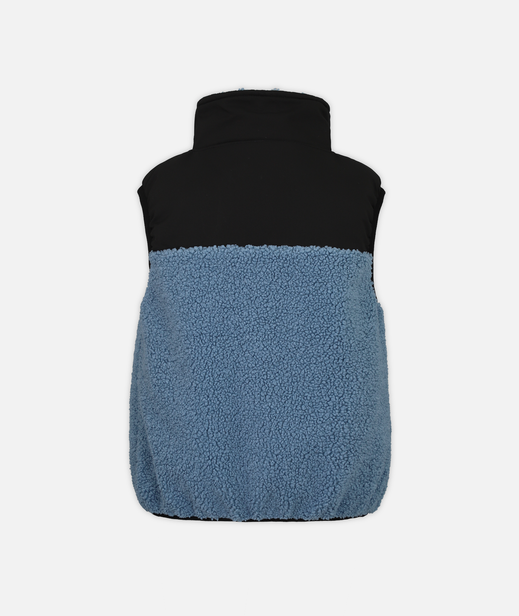 back of Kids' fleece vest with blue and black colors on a white background