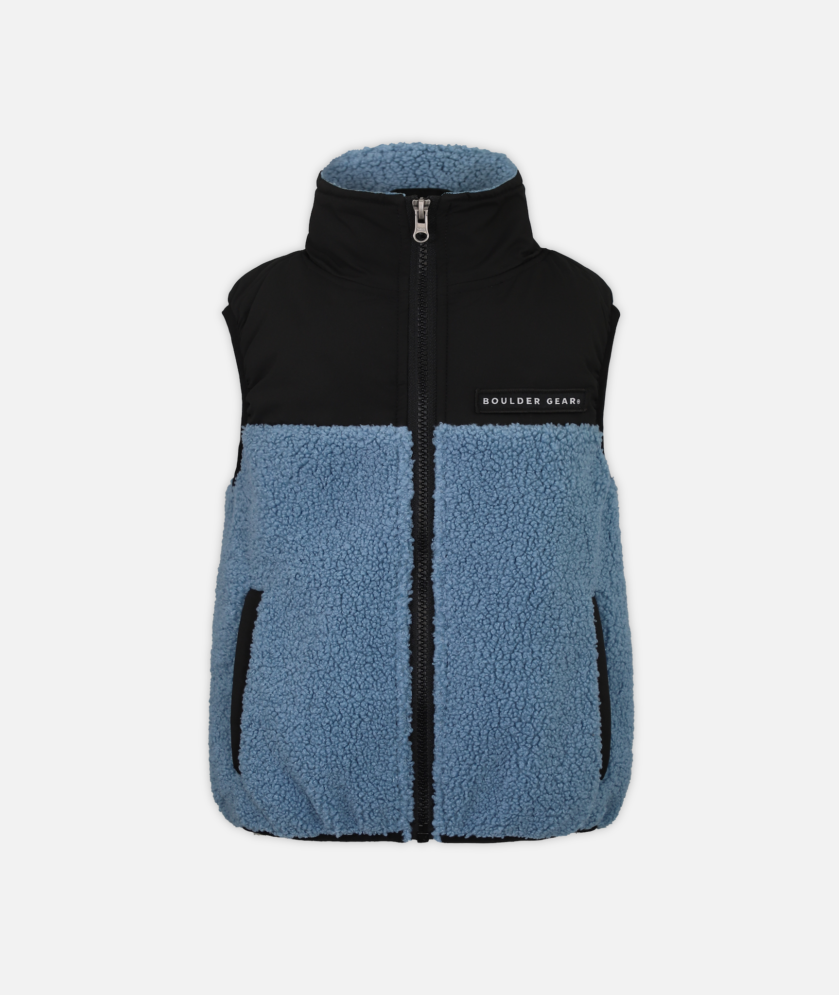 Kids' fleece vest with blue and black colors, logo on chest on a white background