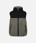 Kids' fleece vest with beige and black colors, logo on chest on a white background