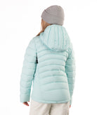 back of girl wearing a light blue puffer jacket on a white background