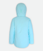 back of a light blue jacket with black zippers and a hood on a white background