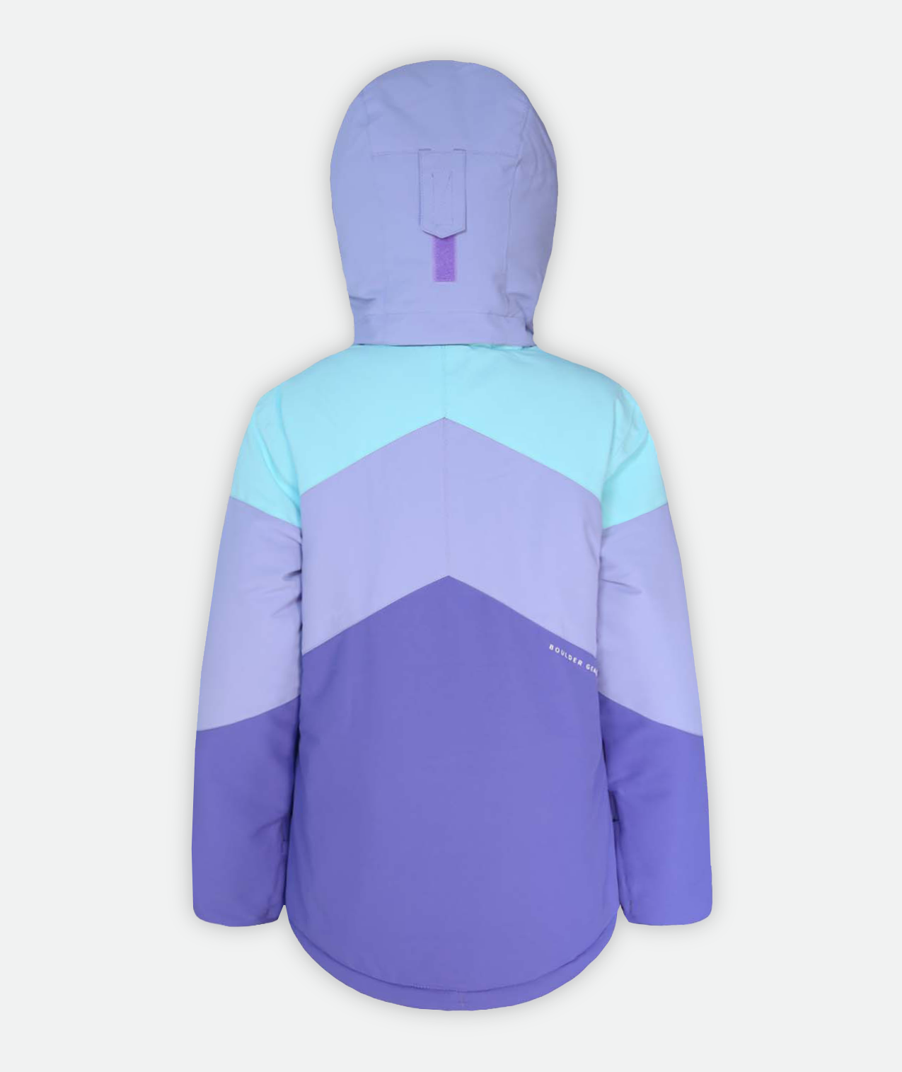 back of a jacket with three-tone light blue, light purple and purple color blocking and hood on a white background