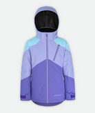 jacket with three-tone light blue, light purple and purple color blocking and hood on a white background