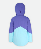 back of jacket with two-tone light blue and purple color blocking and hood on a white background
