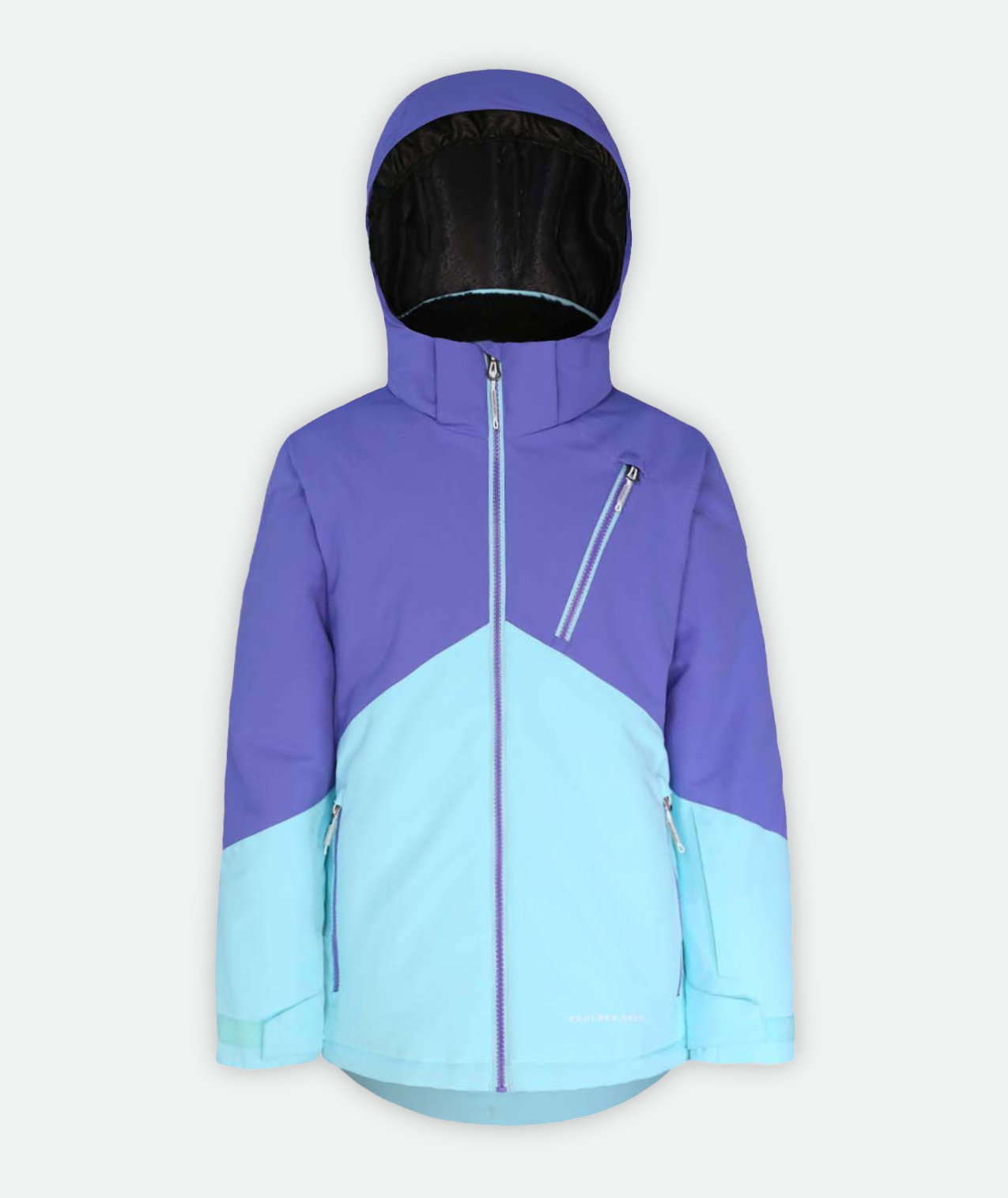 jacket with two-tone light blue and purple color blocking and hood on a white background