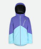 jacket with two-tone light blue and purple color blocking and hood on a white background