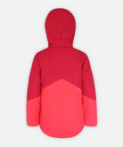back of a jacket with two-tone red and pink color blocking and hood on a white background