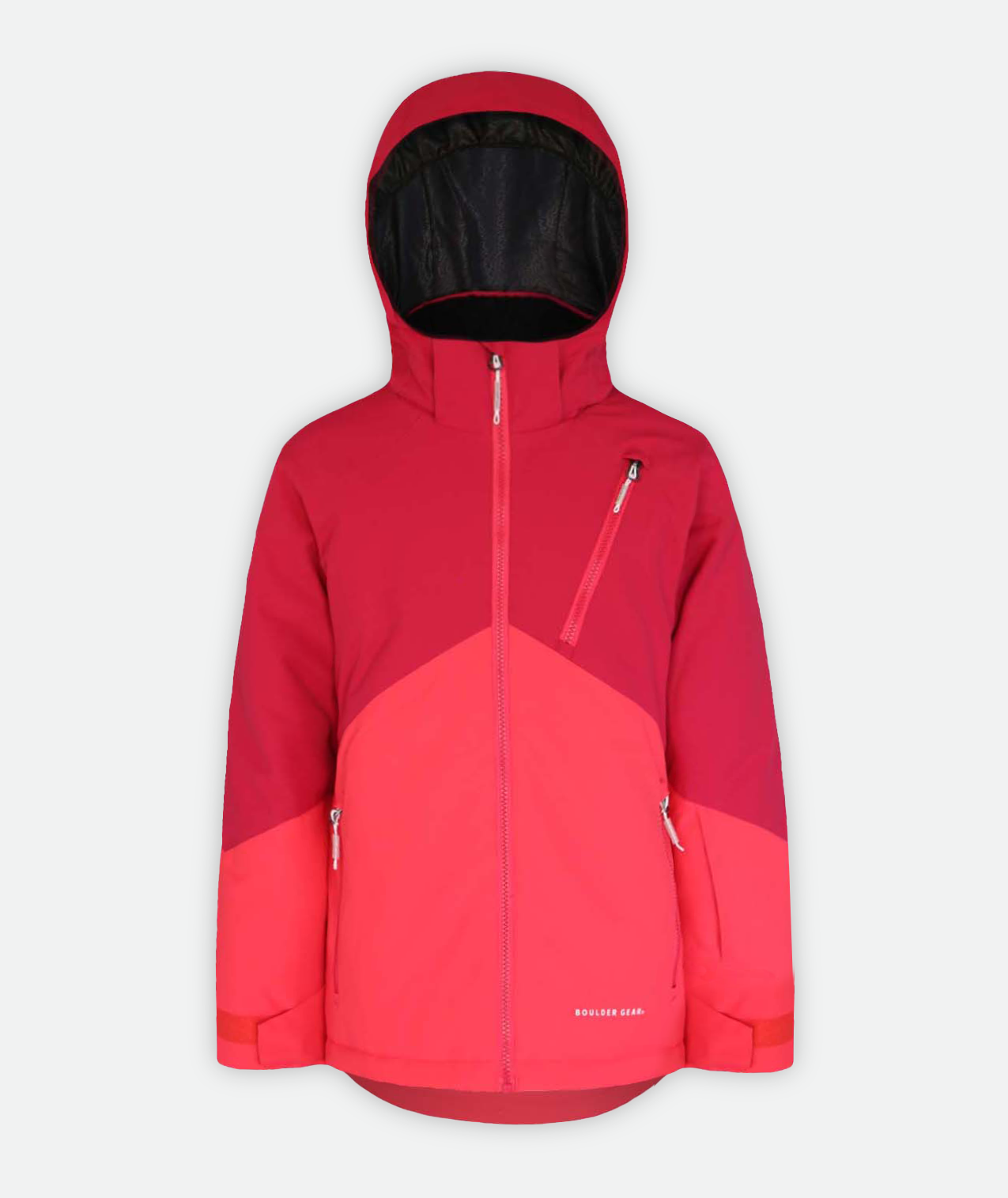 jacket with two-tone red and pink color blocking and hood on a white background