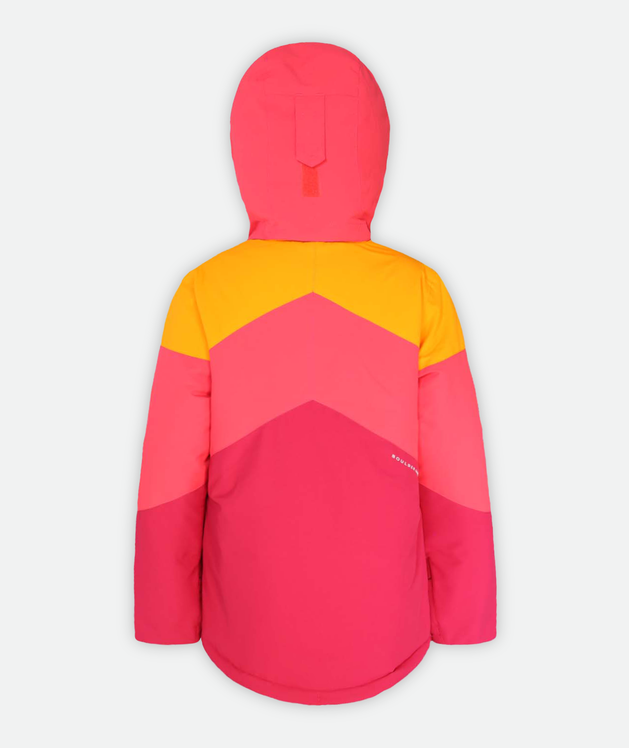 back of jacket with three-tone orange, coral and raspberry color blocking and hood on a white background