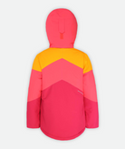 back of jacket with three-tone orange, coral and raspberry color blocking and hood on a white background