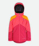 jacket with three-tone orange, coral and raspberry color blocking and hood on a white background