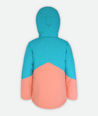 back of jacket with two-tone light blue and peach color blocking and hood on a white background