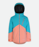 jacket with two-tone light blue and peach color blocking and hood on a white background