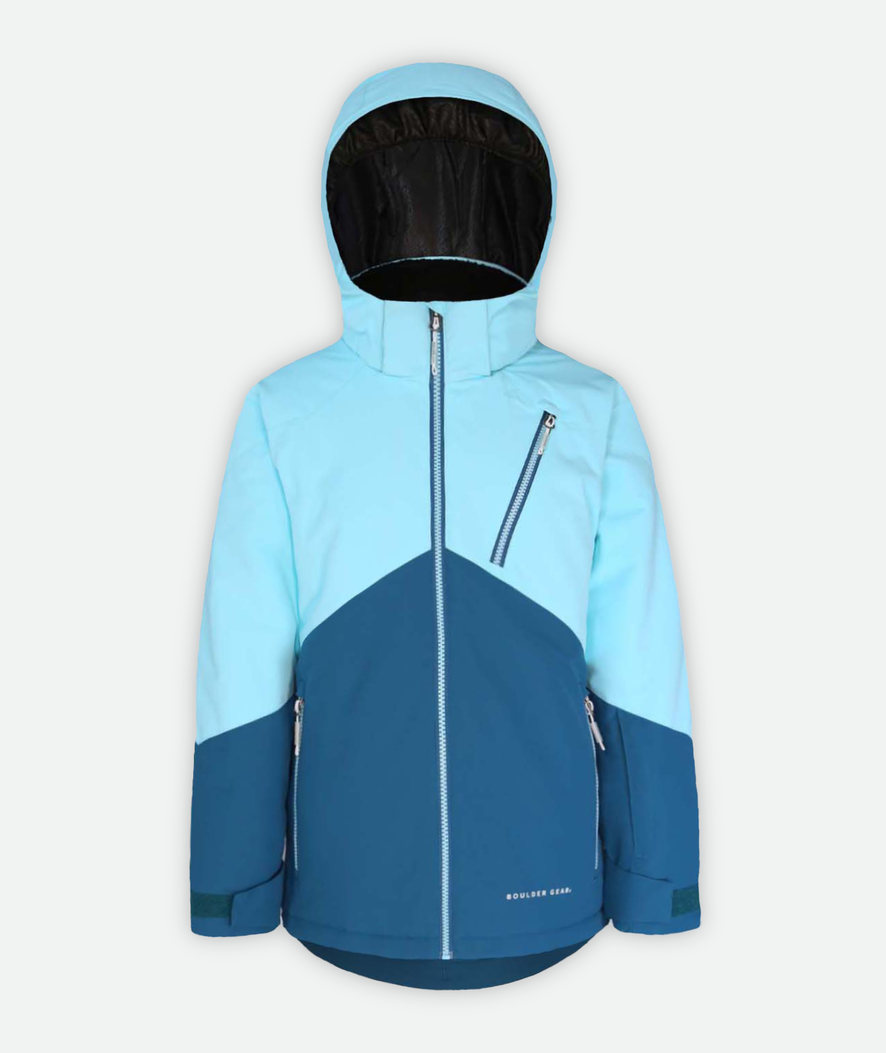 jacket with two-tone light blue and dark blue color blocking and hood on a white background