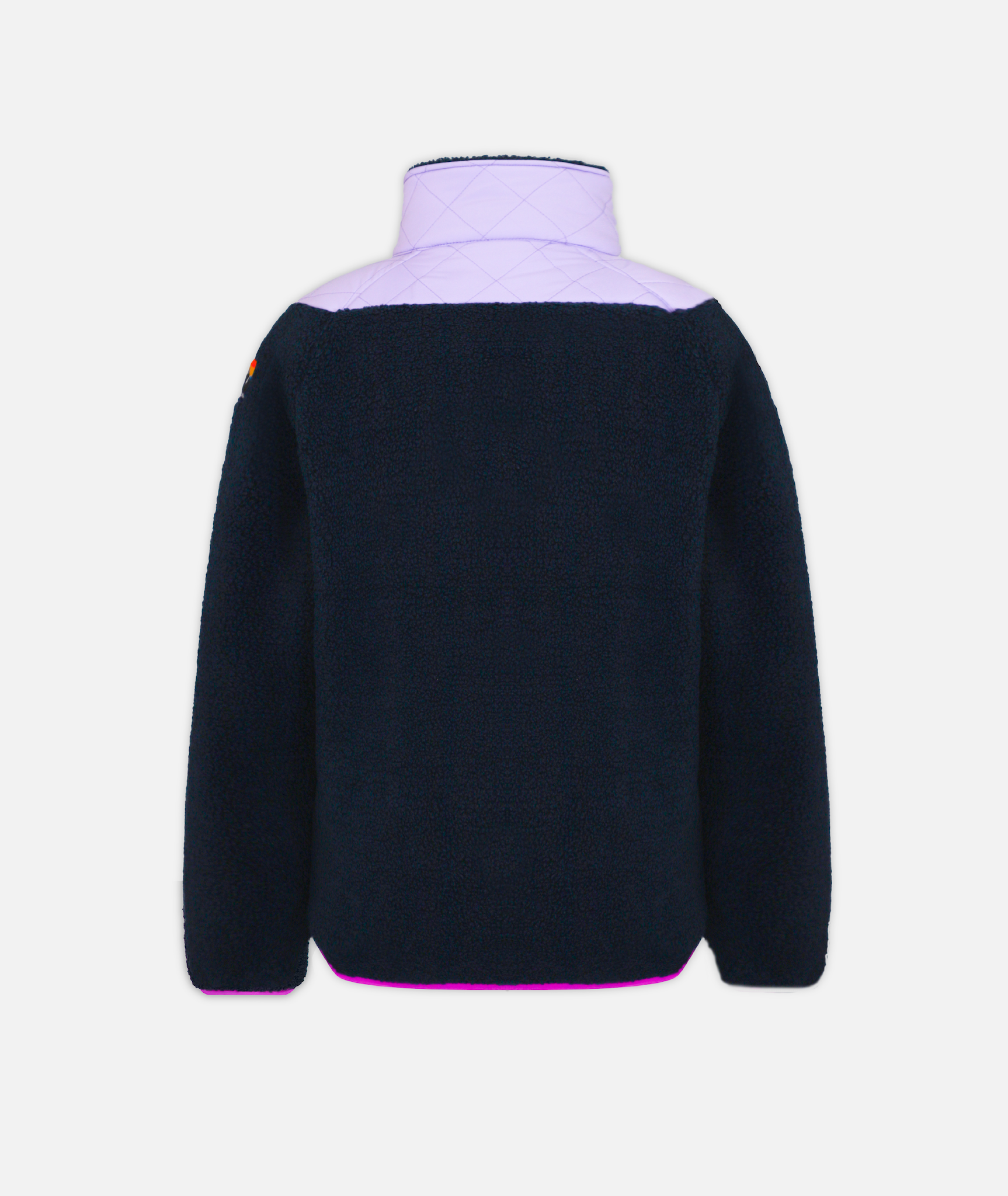 back of youth girls two toned fleece jacket in light purple and navy with bright purple hem on a white background