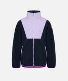 youth girls two toned fleece jacket in light purple and navy with bright purple hem on a white background