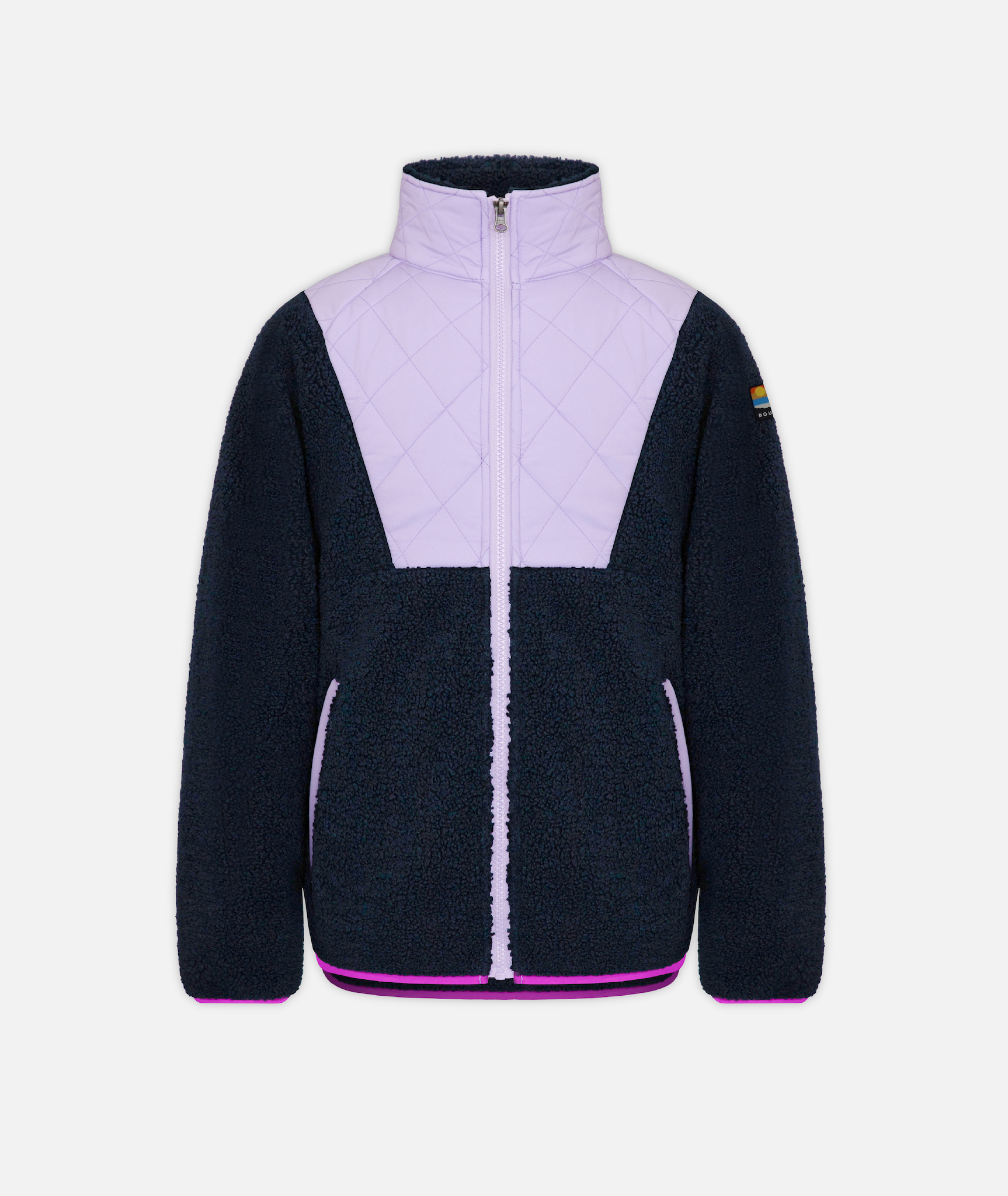 youth girls two toned fleece jacket in light purple and navy with bright purple hem on a white background