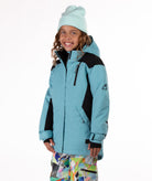 Youth Girl wearing a blue and black jacket on a white background